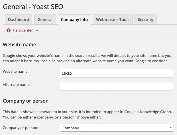 Screenshot of setting your company info in Yoast SEO