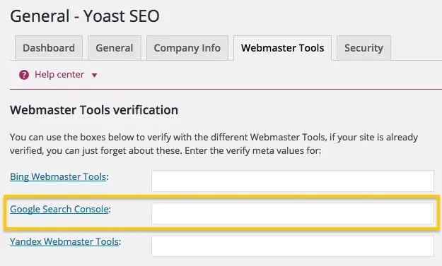 Screenshot of the Google Webmaster settings in Yoast SEO