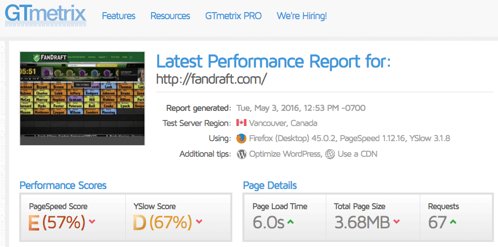 GTMetrix Speed Test Example